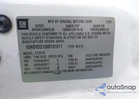 2008 Chevrolet Uplander Lt from USA, damaged, VIN 1GNDV33108D101611